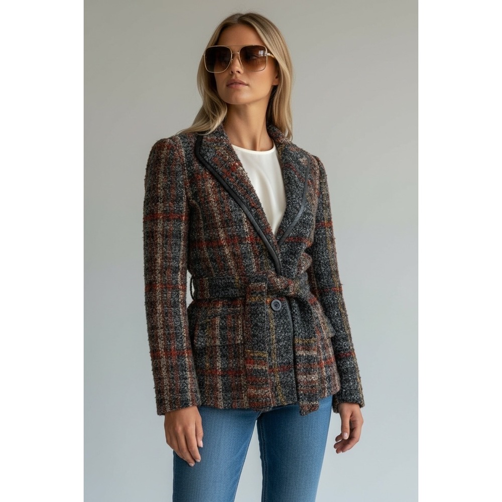 Cleo Petite Size 2P Tweed Plaid Blazer Jacket Leather Trim Belted Women